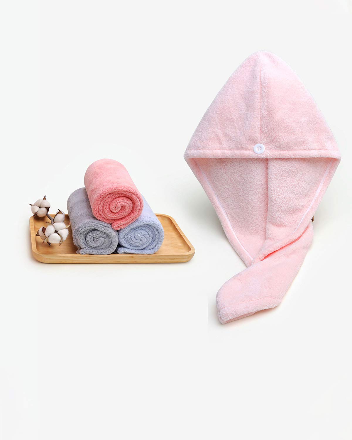 Bath Pre Dry Hair Towel 4-Piece Set Quick Dry Extra Absorbent Lightweight Turban with Button Hair Drying Wrap Bathroom Girl Friend Family Mom Gift