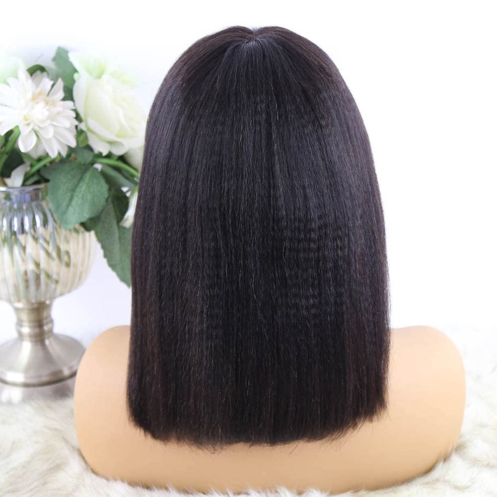 Y WIGS Yaki Straight Human Hair Wig with Bangs Glueless Short Bob Wig Human Hair 2x1 Lace Bob Wig with Bangs 12" 150% Density NC