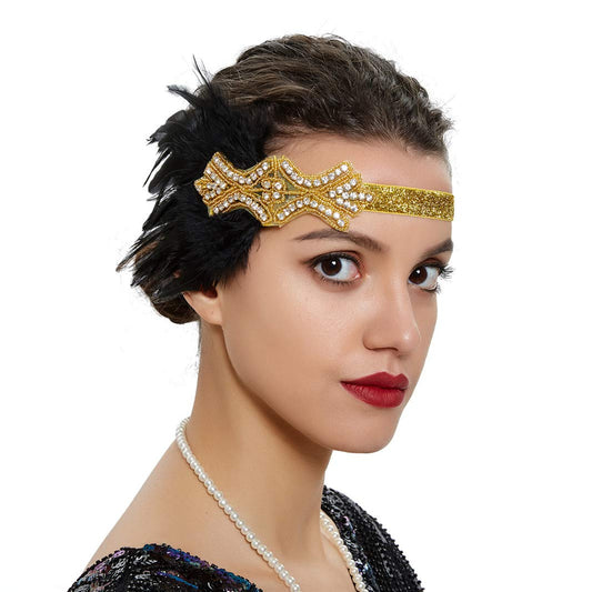 Art Deco 1920s Flapper Headband Feather Roaring 20s Great Gatsby Headpiece for Women Hair Accessories Gold Black