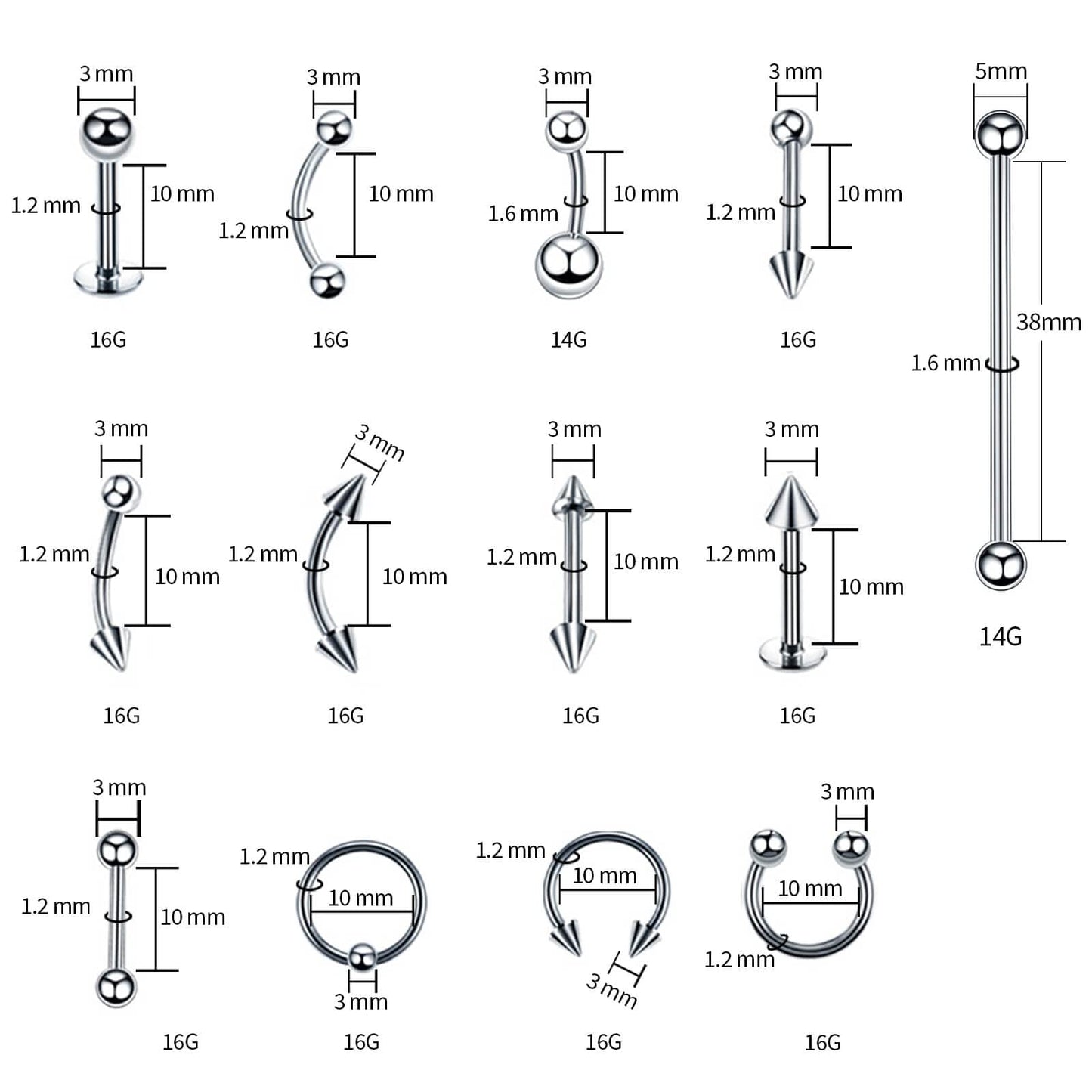 100PCS Piercing Kit 14G 16G Nose Septum Rings Jewelry for Belly Button Tongue Body Tools with 20PCS 12G Needle