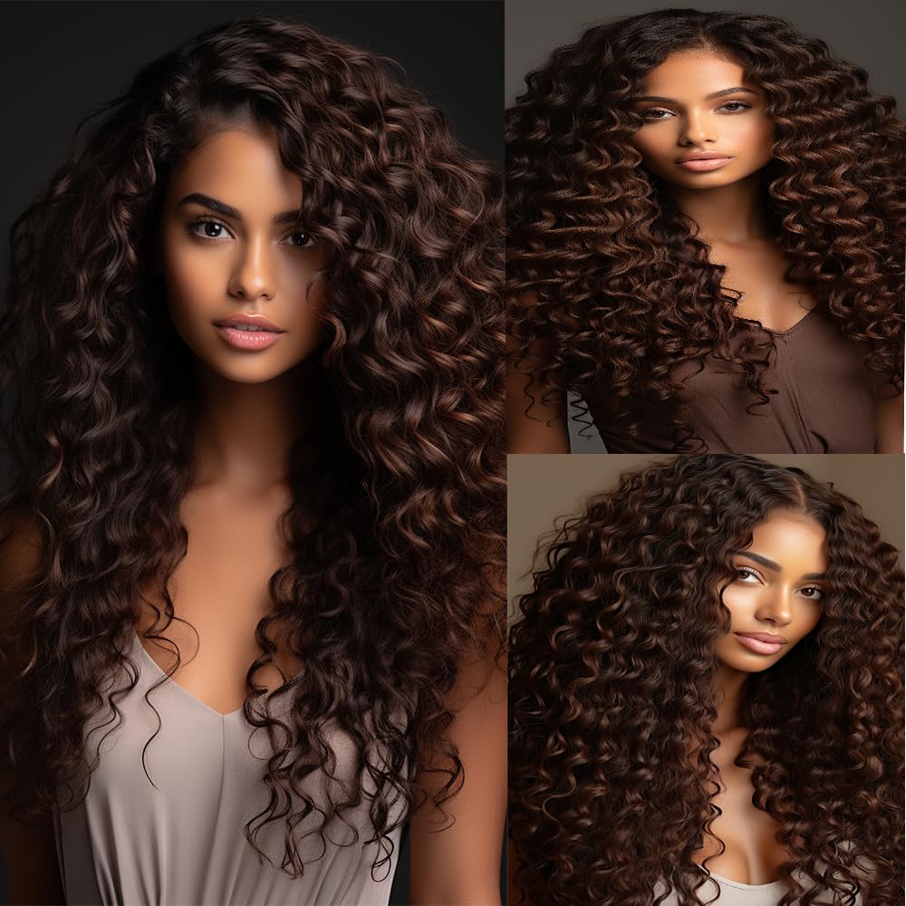 #4 Deep Curly Weave Bundles Human Hair Dark Brown Kinky Curly Bundles Double Weft Brazilian Remy Hair Extensions Wet and Wavy Bundles Silky Soft for Black Women(22 24 26 Inch 3 Bundles)