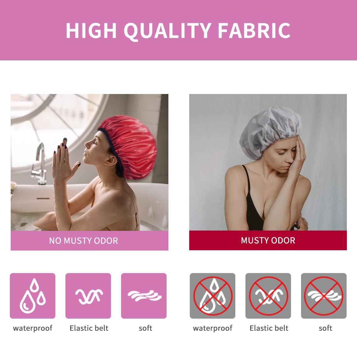 Aquior Shower Caps, Extra Large for Women Long Hair, Double Layer Waterproof Reusable Hair Cap 4 Pieces