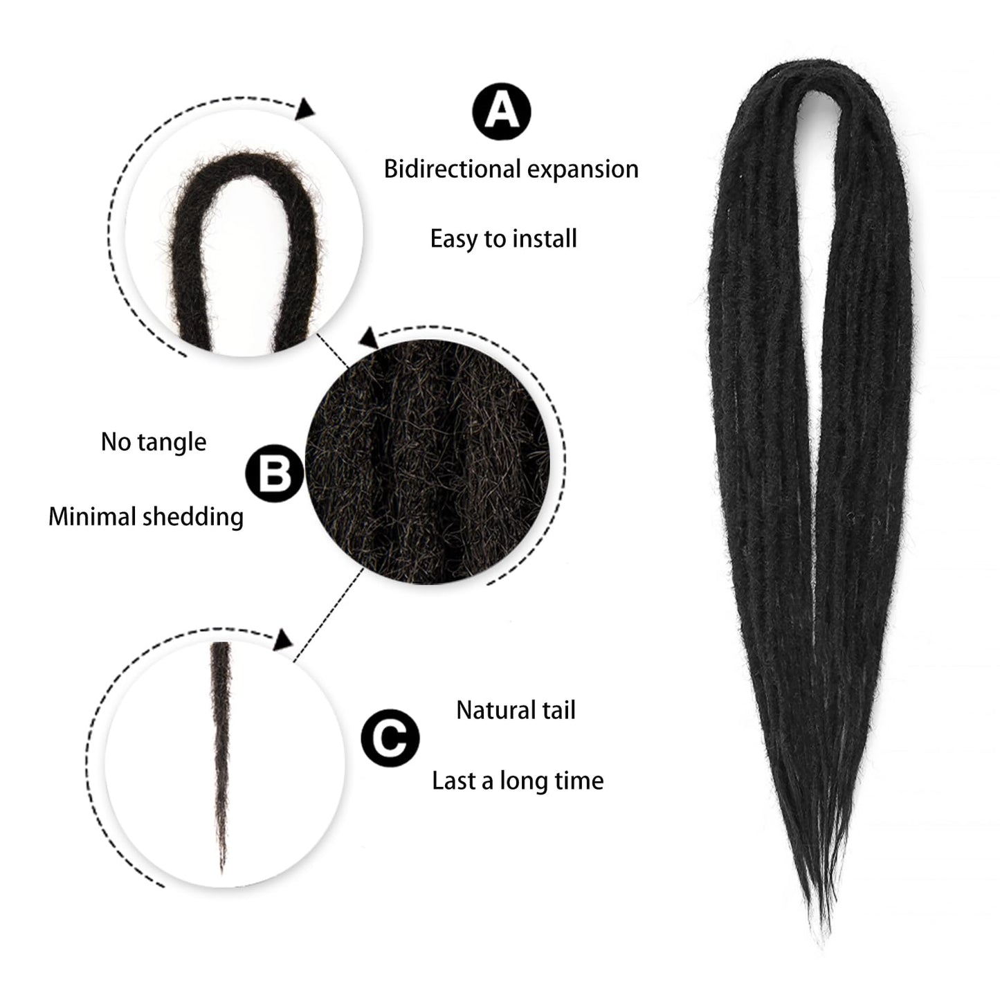 18 Inch Synthetic Double Dreadlock Extensions Reggae Hip-hop Style Extensions for Rock&Roll Hippie Dread Braids Hair (18"strands of 20, 1B#)