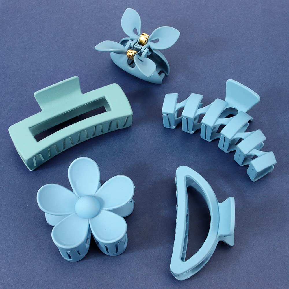Ahoney 5 Pack Large Claw Clips for Thick Hair Blue Matte Hair Clips 3.4-4.3 Inch French Jaw Clips for Hair Big Butterfly Flower Banana Clips Hair Accessories for Women Hair Styling(Blue)