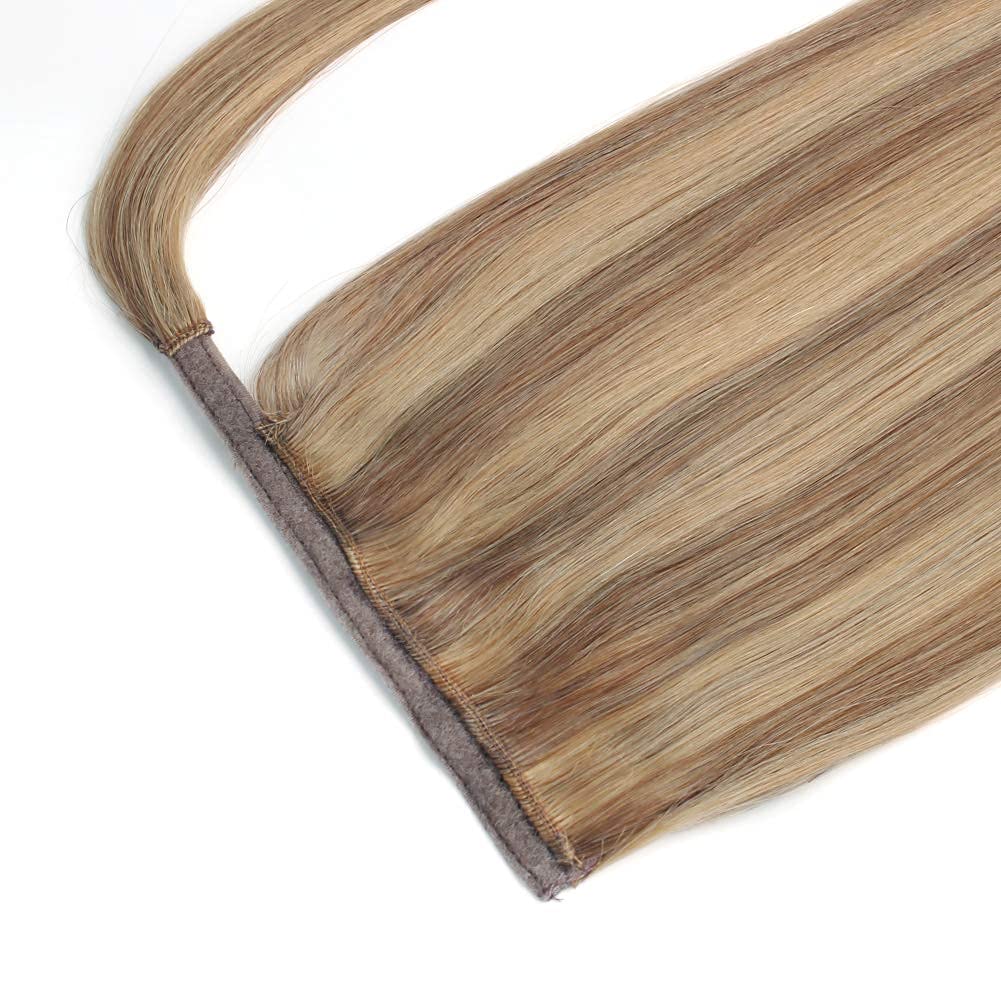 ABH AMAZINGBEAUTY HAIR High Ponytail Extension for Women, Remy Human Hair, Wrap in Easy to Use, Chestnut Brown with Dirty Blonde Highlights P6-12 Color, 80 Gram,16 Inch