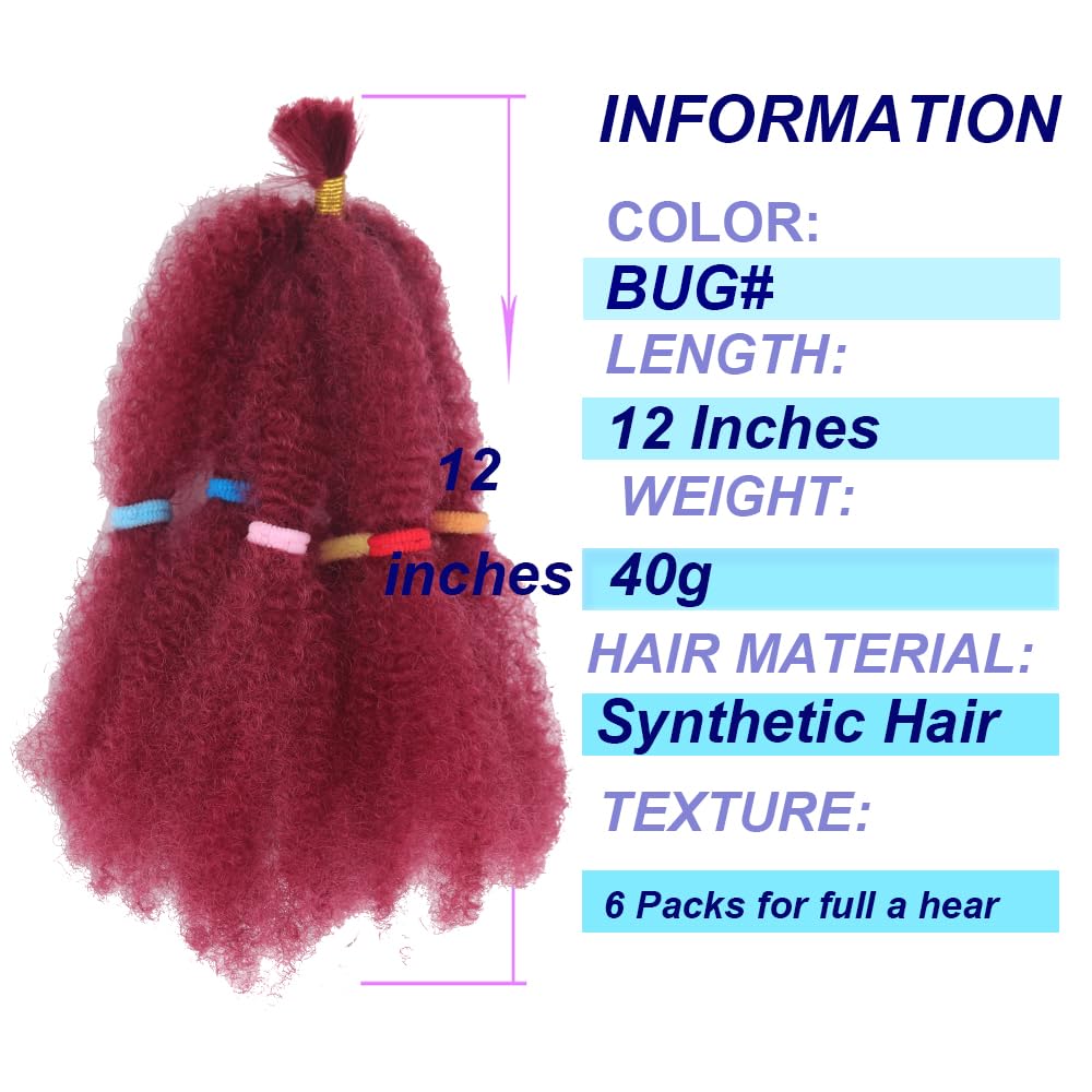 Afro Kinky Hair 12 Inch 6 Packs Pre Stretched Afro Kinky Twist Hair Afro Braiding Hair Kinky Twist Crochet Braids Synthetic Hair Extensions For Women (BUG#, 12 Inch (Pack of 6))