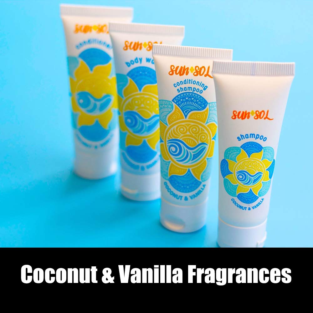 World Amenities - Sun + Sol Bulk Refreshing Body Wash With Warm Coconut & Vanilla Fragrances, Travel Size Toiletries, Mini Hotel Amenities