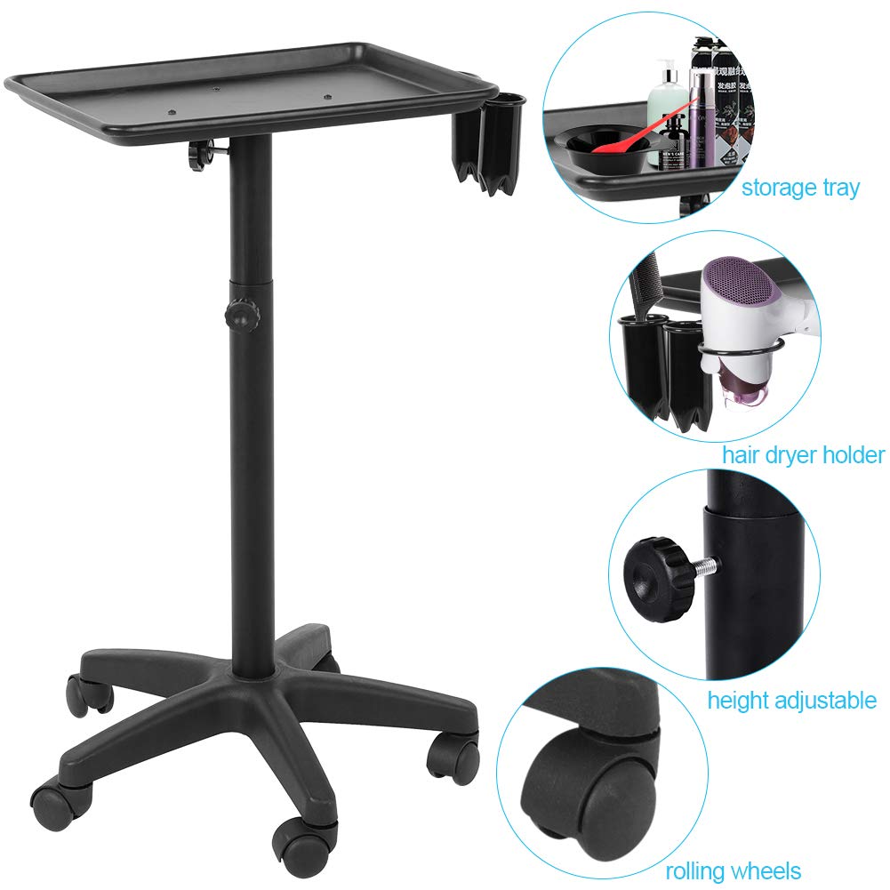 Aluminium Hair Salon Instrument Tray, Tattoo Workstation Rolling Tray Station, Adjustable Height Trolley Beauty Hair Stylist Storage Trolley for Salon Beauty Spa Tattoo with 2 Cups and 1 Metal Ring