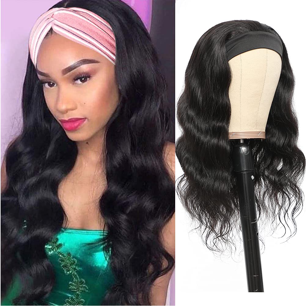 Amella Hair Body Wave 18" Human Hair Headband Wig for Black Women Glueless None Lace Front Wigs 8A Brizilian Virgin Hair Machine Made Headband Wigs Human Hair 150% Density