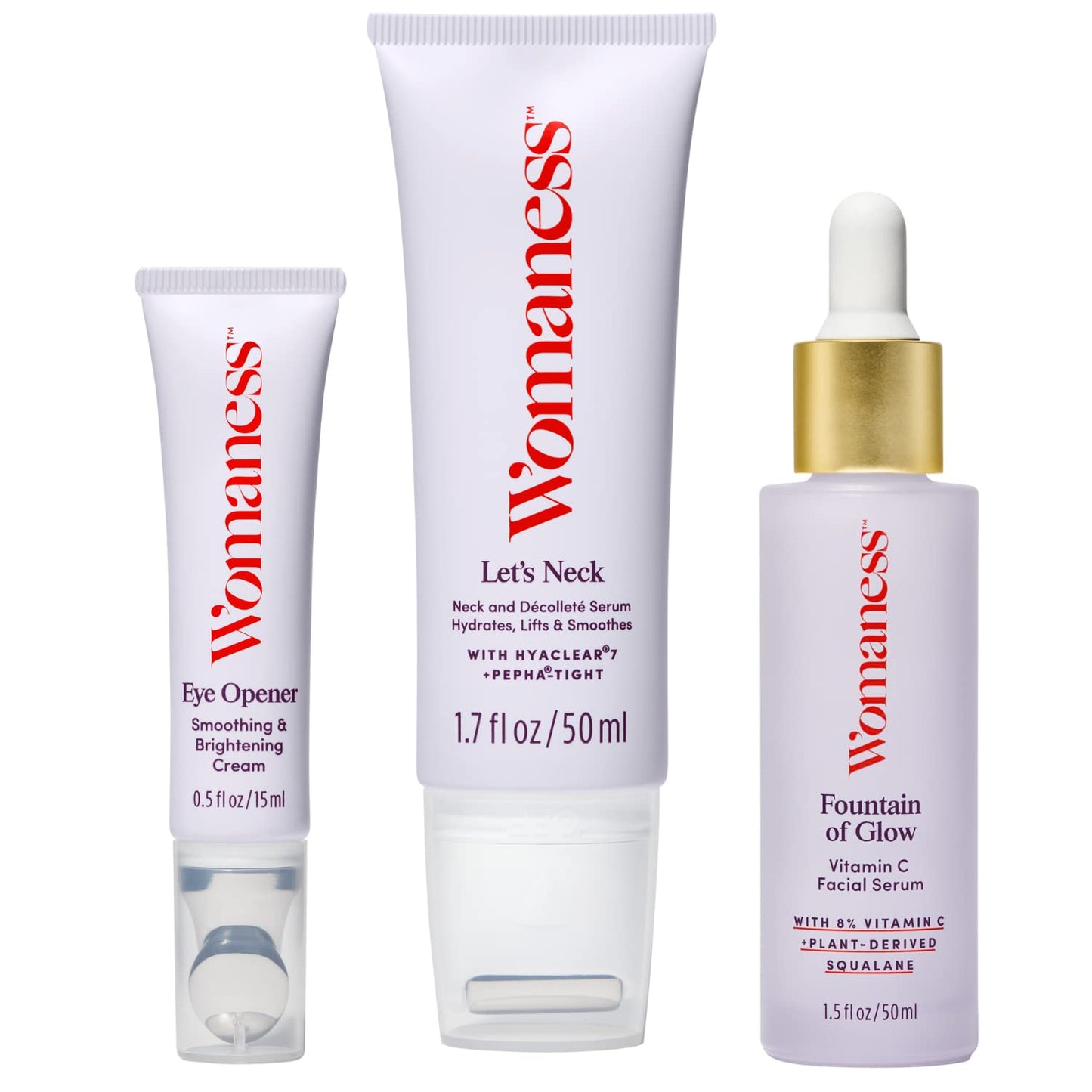 Womaness Menopause Skin & Neck Kit - Let's Neck - Firming & Decollete Wrinkle Serum (1.7 Fl Oz) + Fountain of Glow - Vitamin C Face Serum (50ml) + Eye Opener - Eye Cream (15ml) - 3 Products