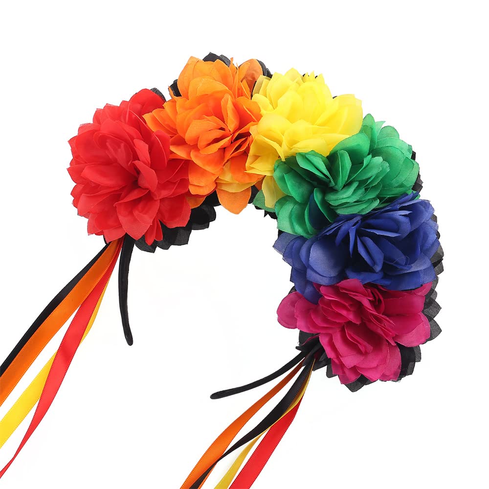 Bubbmi Mexican Flower Crown Headband with Ribbon, Day of the Dead Headwear, Dia De Los Muertos Headpiece, Halloween Easter Flower Headband(Mexican C)