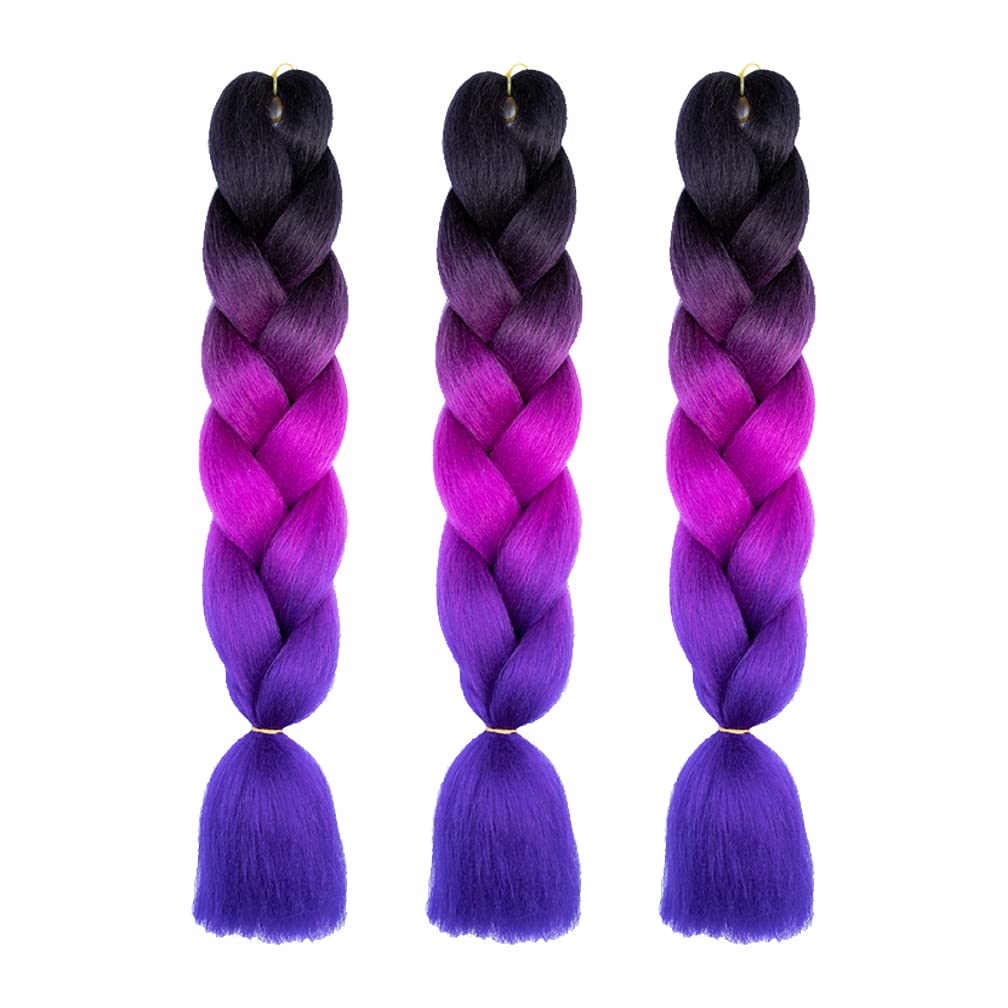 Xiaofeng Braiding Hair Extensions for Women 3 Packs 100g/Pack 24Inch High Temperature Ombre Jumbo Synthetic Braiding Hair for Twist Crochet Braids (24 Inch (Pack of 3), black-purple red-blue-3Pcs)