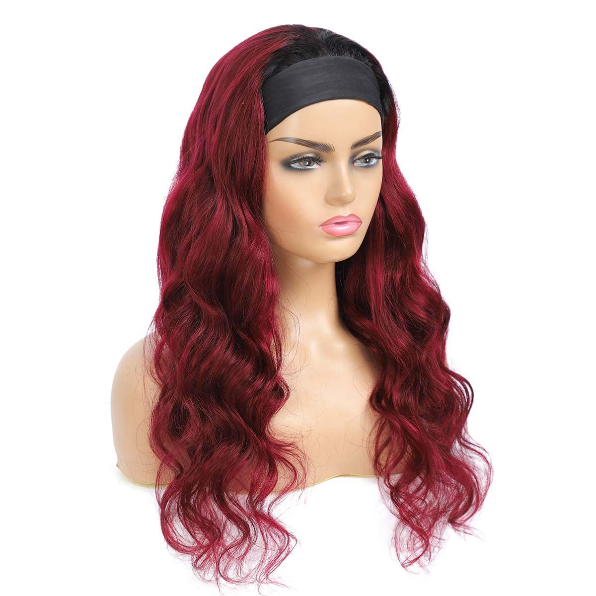 Adette Human Hair Headband Wigs Body Wave Ombre 99J Red Glueless Wavy Wig 180% Density None Lace Front Wigs for Black Women (20 Inch)