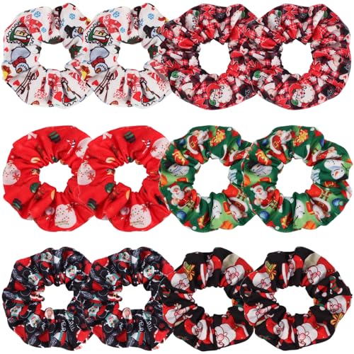 12 Pack Christmas Hair Scrunchies for Women Girls Teens Hair Ties Ropes Santa Claus Snowman Elk Bell Christmas Hat Snowflake Plaid Hair Accessories Gifts