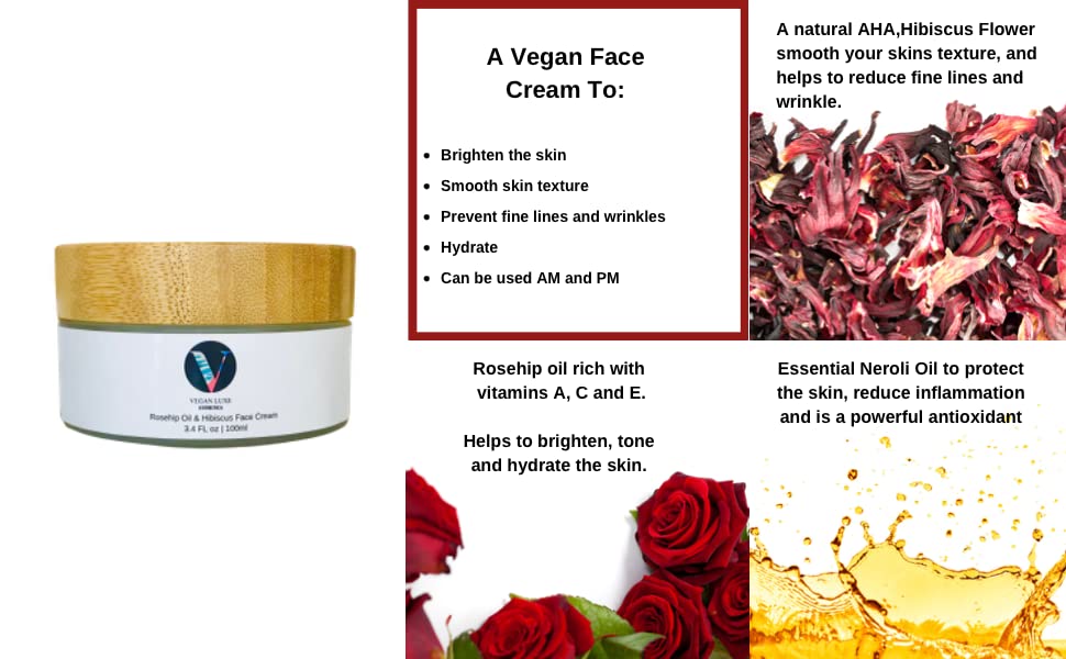 Vegan Luxe Esthetics Skincare, Rosehip oil and Hibiscus Face Cream- For Balancing, Brightening and Smoothing the skin. Anti-Acne and Anti-Ageing.
