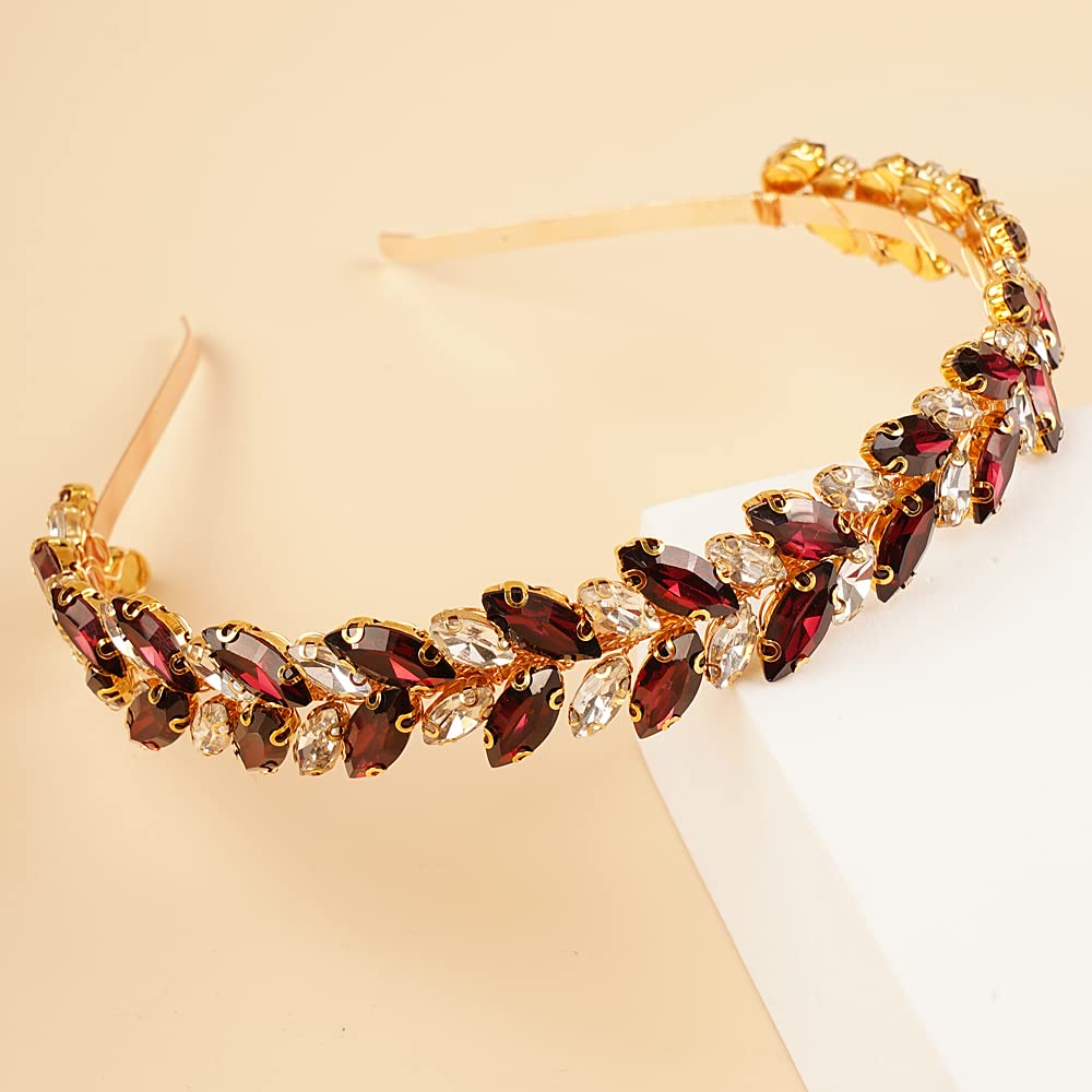 BERYUAN Women Wedding Tiaras and Crowns Crystal Wedding Headband Teardrop Red Wine Crystal Rhinestone Wedding Hair Accessories Crystal Wedding Headbands for Women and Flower Girls (red wine)
