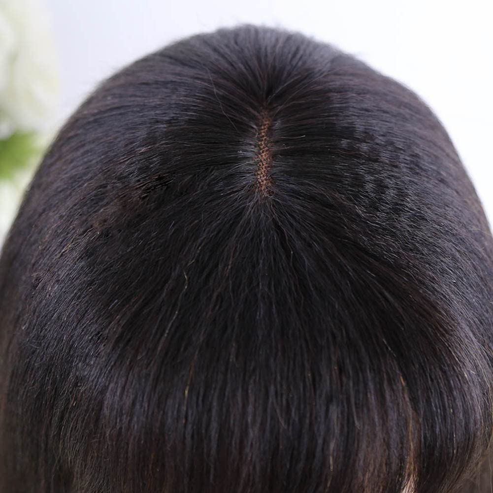 Y WIGS Yaki Straight Human Hair Wig with Bangs Glueless Short Bob Wig Human Hair 2x1 Lace Bob Wig with Bangs 12" 150% Density NC