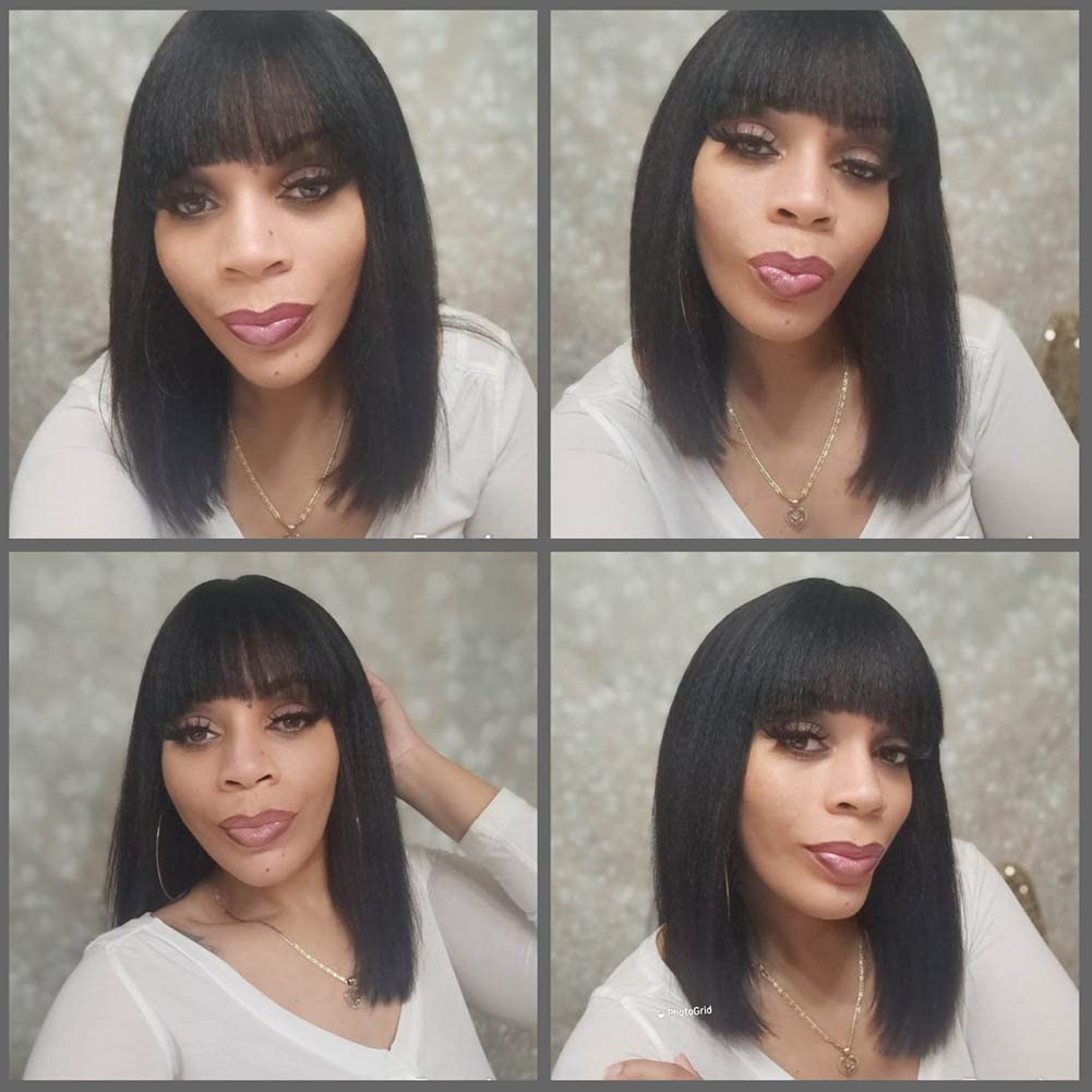 Y WIGS Yaki Straight Human Hair Wig with Bangs Glueless Short Bob Wig Human Hair 2x1 Lace Bob Wig with Bangs 12" 150% Density NC