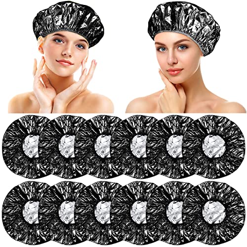 12 Pieces Deep Conditioning Caps Aluminum Foil Reusable Hair Processing Caps Hair Coloring Shower Caps for Home Salon Use (Black, 12 Inch)