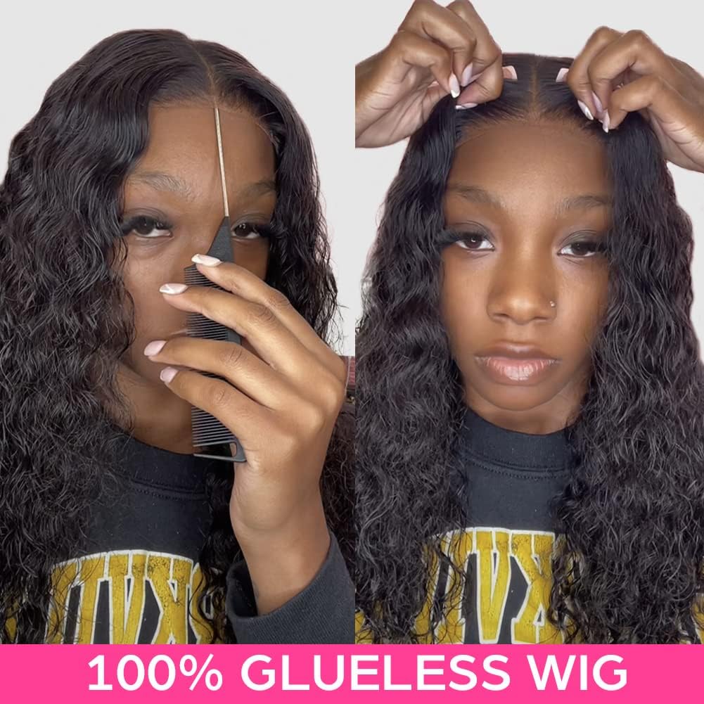 Alionly Glueless Wig Human Hair Pre Plucked 200 Density Water Wave Lace Front Wigs Human Hair 4x4 Closure Wigs for Black Women Human Hair Upgrade Pre Cut HD Transparent Lace Wig 24inch