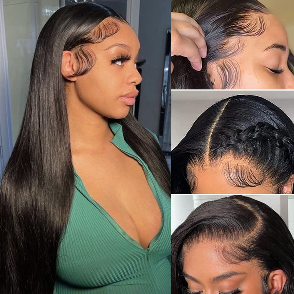 QD-Tizer Long Straight Lace Front Wigs Human Hair Pre Plucked with Baby Hair Glueless 150% Density 13x4 HD Lace Frontal Human Hair Wigs for Black Women Natural Hairline