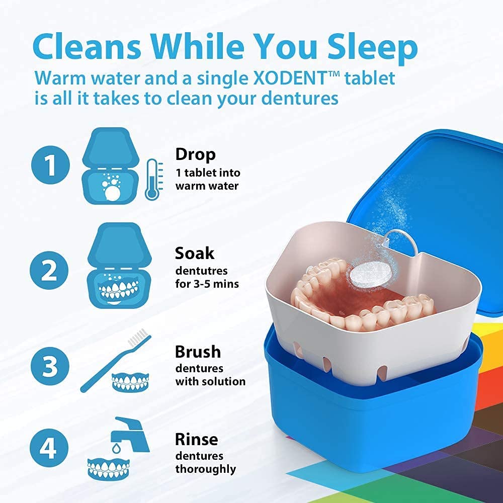 XODENT PREMIUM Denture Cleaning Kit | 2x Denture Cleansing Baths | 2x Strainer Baskets | 2x Soft-Bristle Brushes | 390x Denture Cleaning Tablets | Denture Cleaners