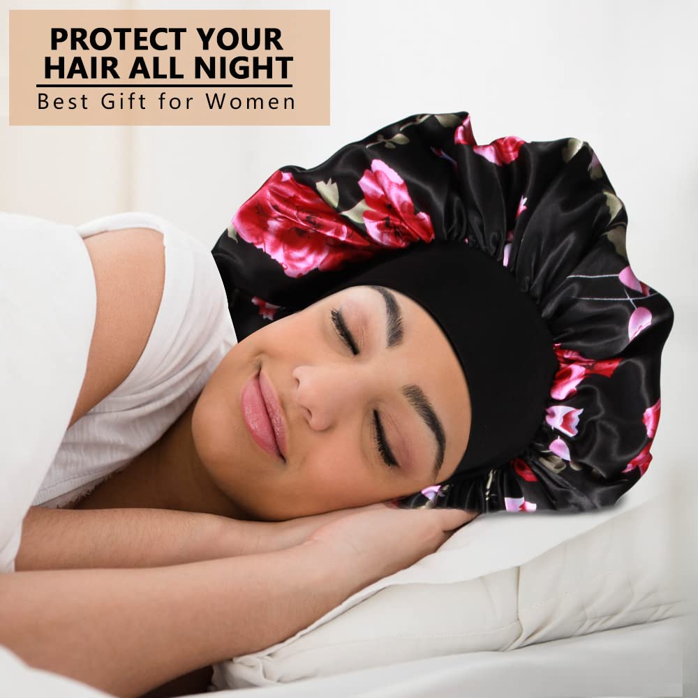 3PCS Extra Large Satin Bonnets for Sleeping, Hair Bonnets for Black Women Braids Curly Hair, D