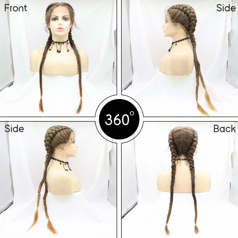 1B/30 Mixed Brown Blonde Double Braided Wigs with Baby Hair Ombre Brown Synthetic Lace Front Wigs for Women Long Synthetic Lace Frontal Large Dutch Box Braided Wigs Daily Cosplay Party Use