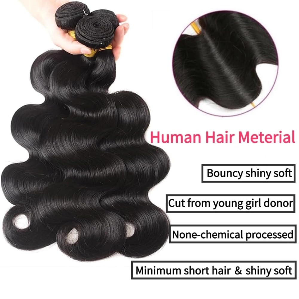Body Wave Bundles Human Hair 12 14 16 Inch Brazilian Body Wave Human Hair 3 Bundles Natural Black Virgin Human Hair Extensions Unprocessed Wavy Human Hair Bundles for Women