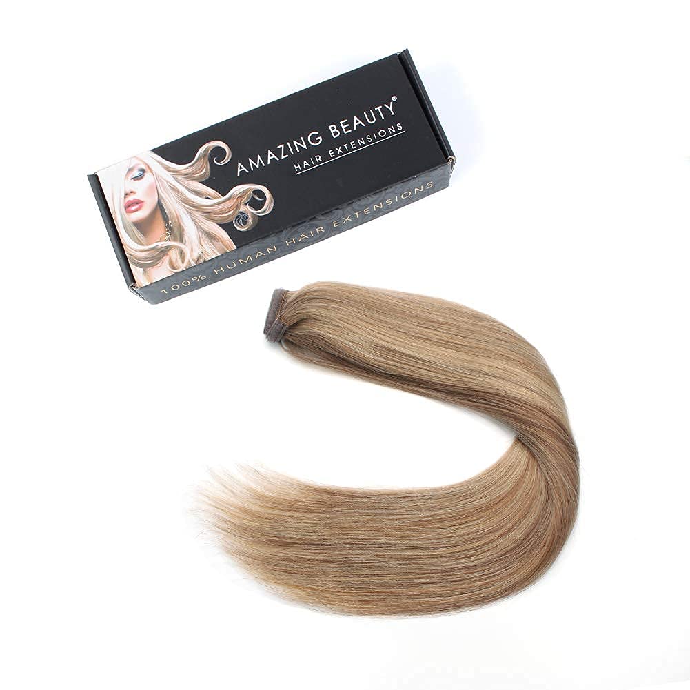ABH AMAZINGBEAUTY HAIR High Ponytail Extension for Women, Remy Human Hair, Wrap in Easy to Use, Chestnut Brown with Dirty Blonde Highlights P6-12 Color, 80 Gram,16 Inch