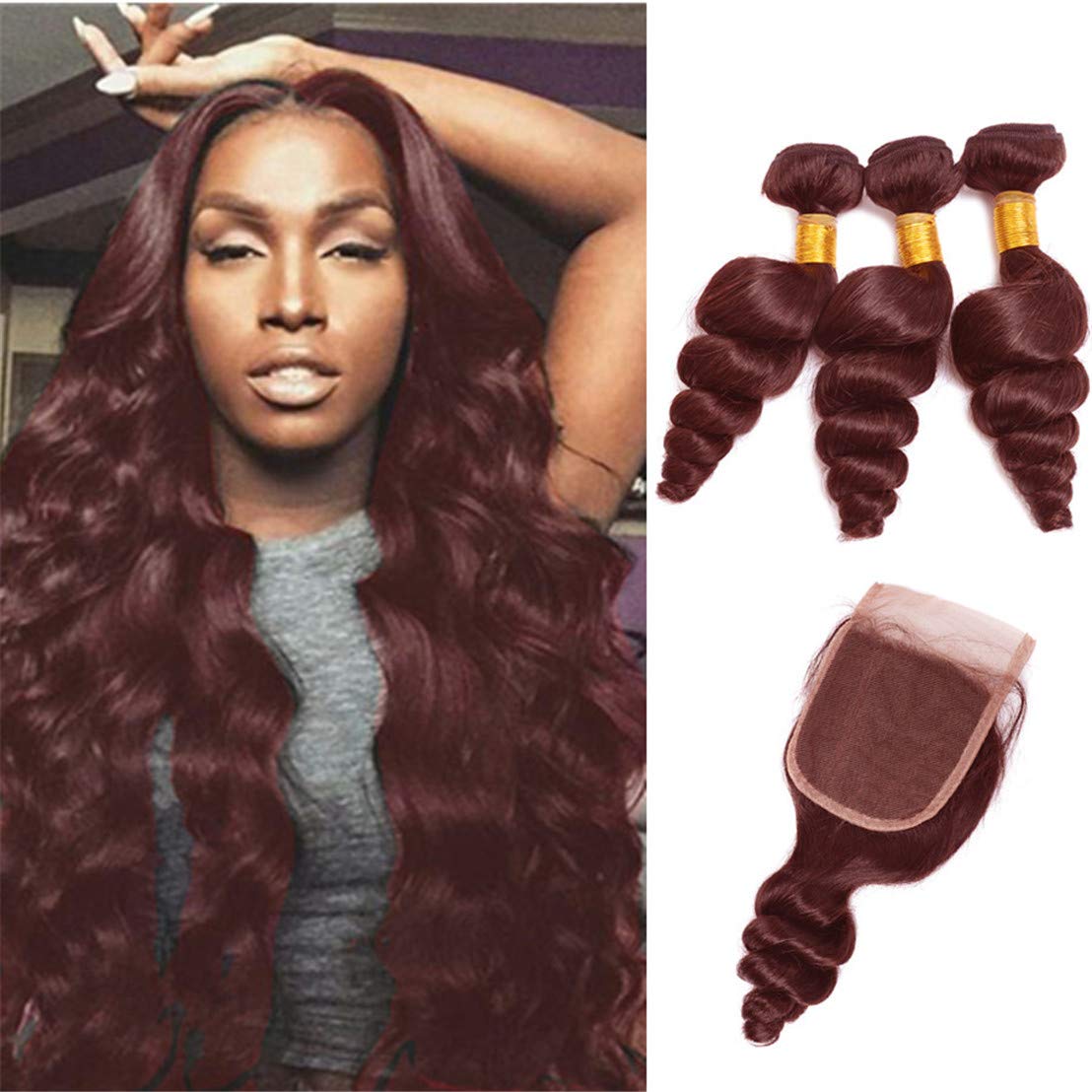 99J Burgundy Loose Deep Wave Human Hair Wefts 3 Bundles With 4x4 Lace Closure Brazilian Hair Extentions Red Wine Color Free Part 4x4 Hand tied Lace Closure (10"12"14"+10"closure, Burgundy/99J)