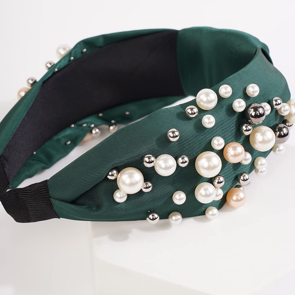Wiwpar Pearl Knotted Headbands for Women Fashion Wide Pearl Bead Headband Head Bands Boho Hair Accessories (Green)