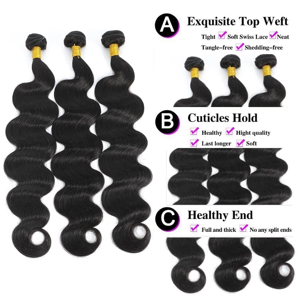 10A Body Wave Bundles Raw Real Human Hair Bundles 18 20 22 Inch 100% Unprocessed Brazilian Virgin Human Hair 3 Bundles 1B Color for Black Women