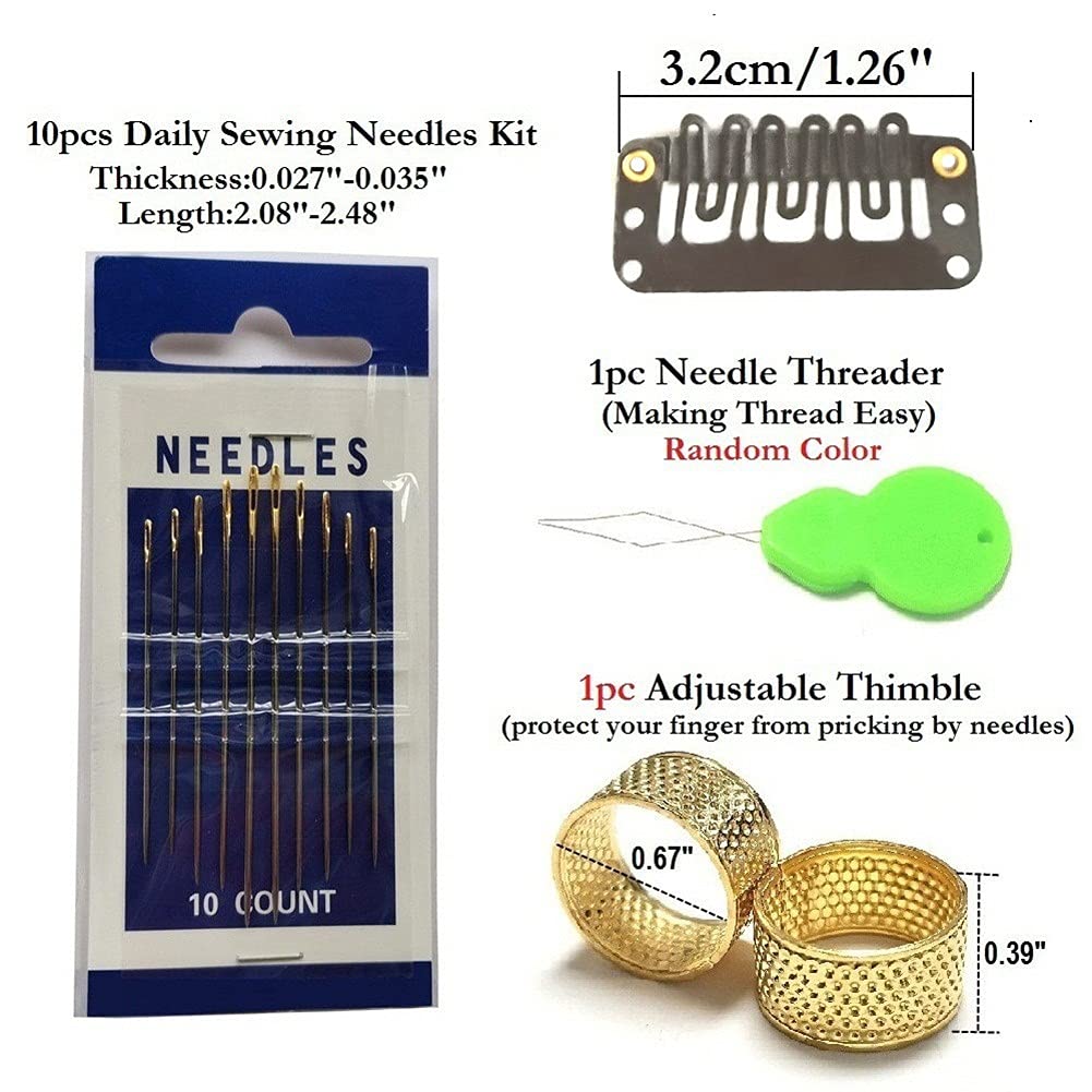 Zeebro 70PCS U-Shape Snap Clips for Hair Extensions 6 Teeth Metal Wig Clips Hair Weave Thread Needle Kit with Curved Needles T Pins Needle Threader Thimble,Dark Brown