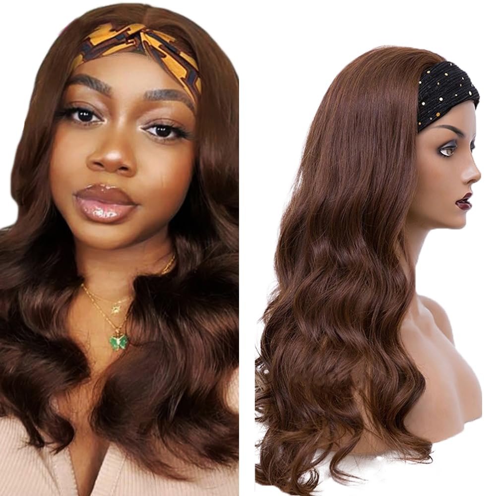 YiweYowe #4 Chocolate Brown Body Wave Headband Wig Human Hair 30 Inch #4 Brown Color 150% Density Glueless None Lace Front Wig Brazilian Virgin Hair Wear and Go Wigs for Black Women