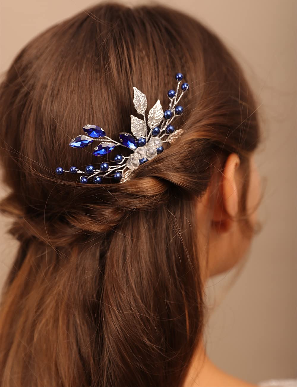 YERTTER Wedding Bridal Hair Comb decorative Rhinestone Bride Crystal Leaf Beads Comb Crystal Silver Handmade Updo Comb Clip Head Pieces for Women Flower Girls (Blue)