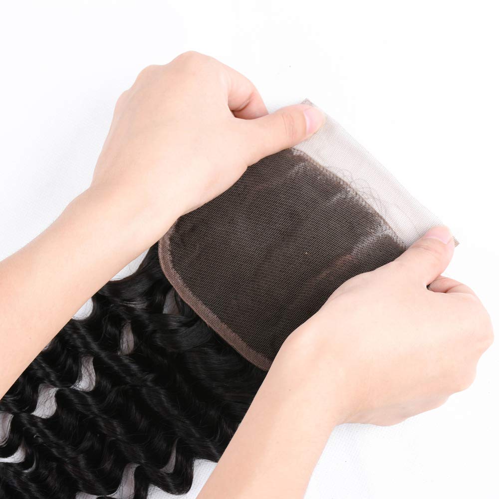 Beauhair Brazilian Hair Deep Wave 3 Bundles with Lace Closure Free Part Virgin Hair Unprocessed Natural Color Deep Wave Bundles with Closure (16 18 20+14, Natural Color)