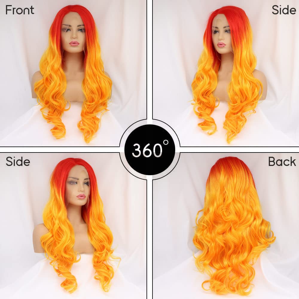 Yinuozhogntian 24" Bright Red Orange Ombre Color Wig Heat Resistant Synthetic Lace Front Wigs for Women Flame Red Female Cosplay Party Wigs Drag Queen
