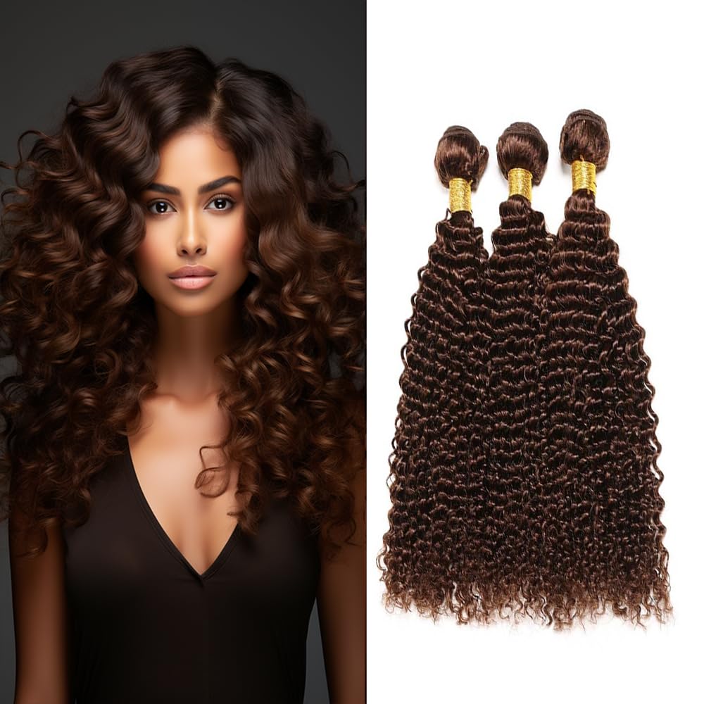 #4 Human Hair Loose Deep Wave Bundles Dark Brown Curly Weave Human Hair Bundles Double Weft Brazilian Remy Hair Extensions Wet and Wavy Bundles Silky Soft for Black Women(20 20 20 Inch 3 Bundles)