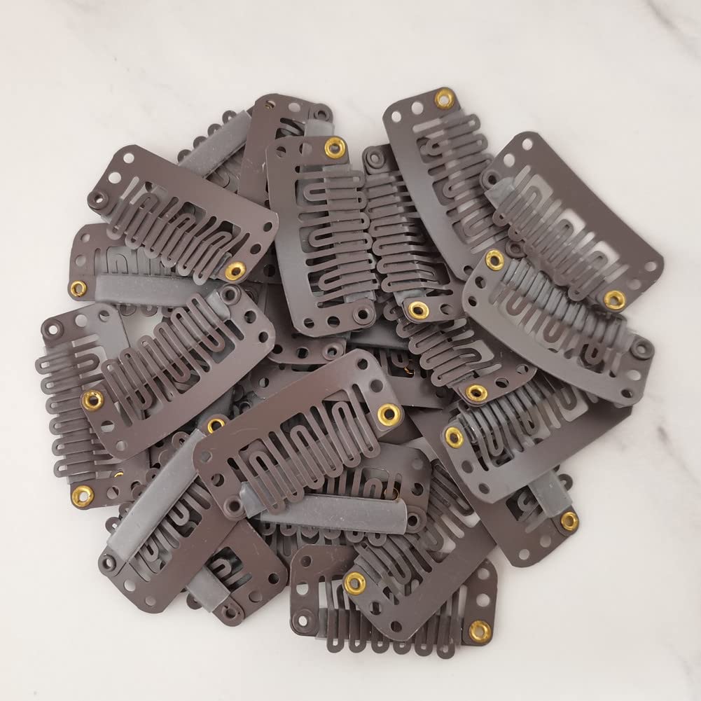 Zeebro 70PCS U-Shape Snap Clips for Hair Extensions 6 Teeth Metal Wig Clips Hair Weave Thread Needle Kit with Curved Needles T Pins Needle Threader Thimble,Dark Brown