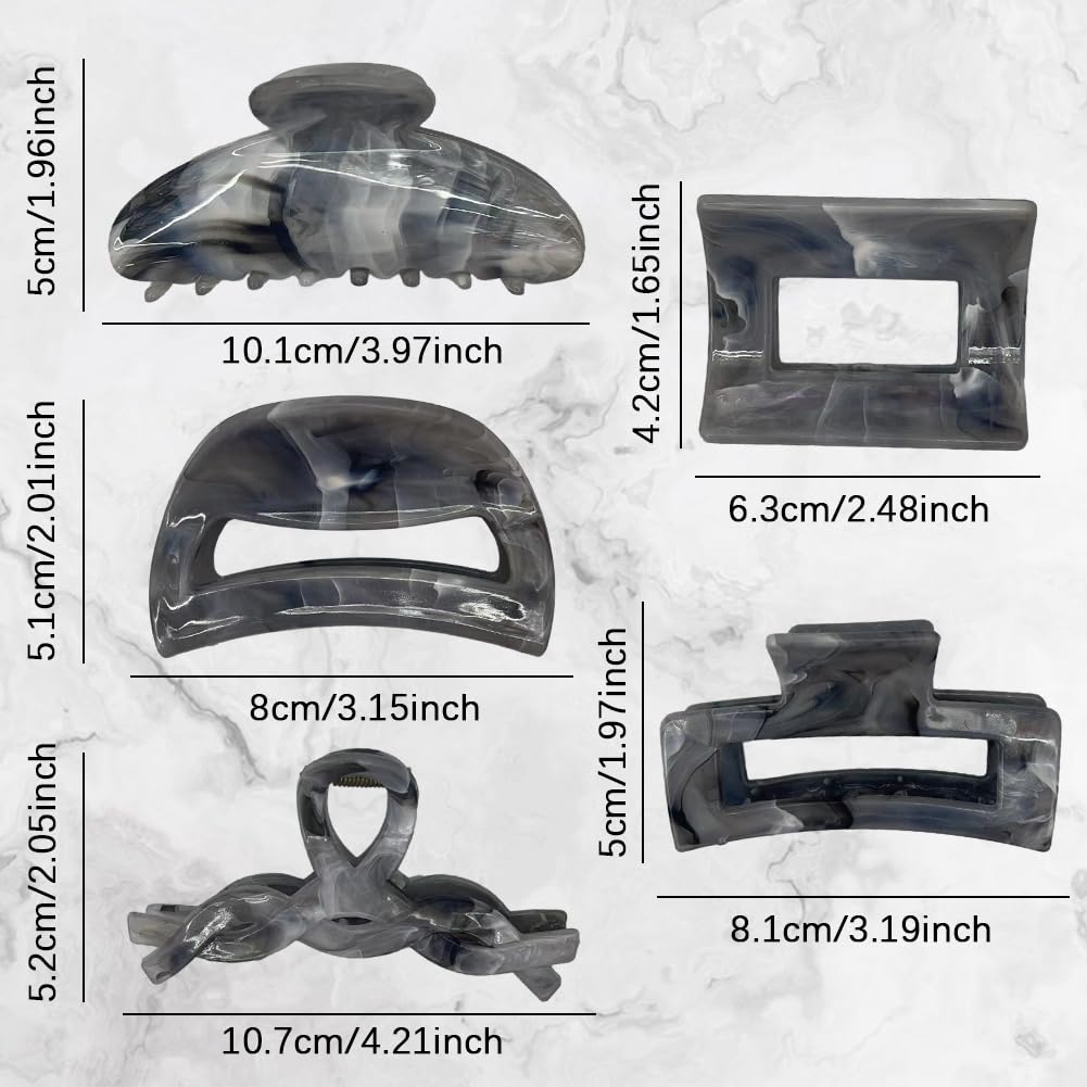 Women's Large Non-Slip Metal Hair Clips, 6Pcs Sparkly Flower and Mermaid Jaw Clips for Strong Hold (Grey-5pcs)