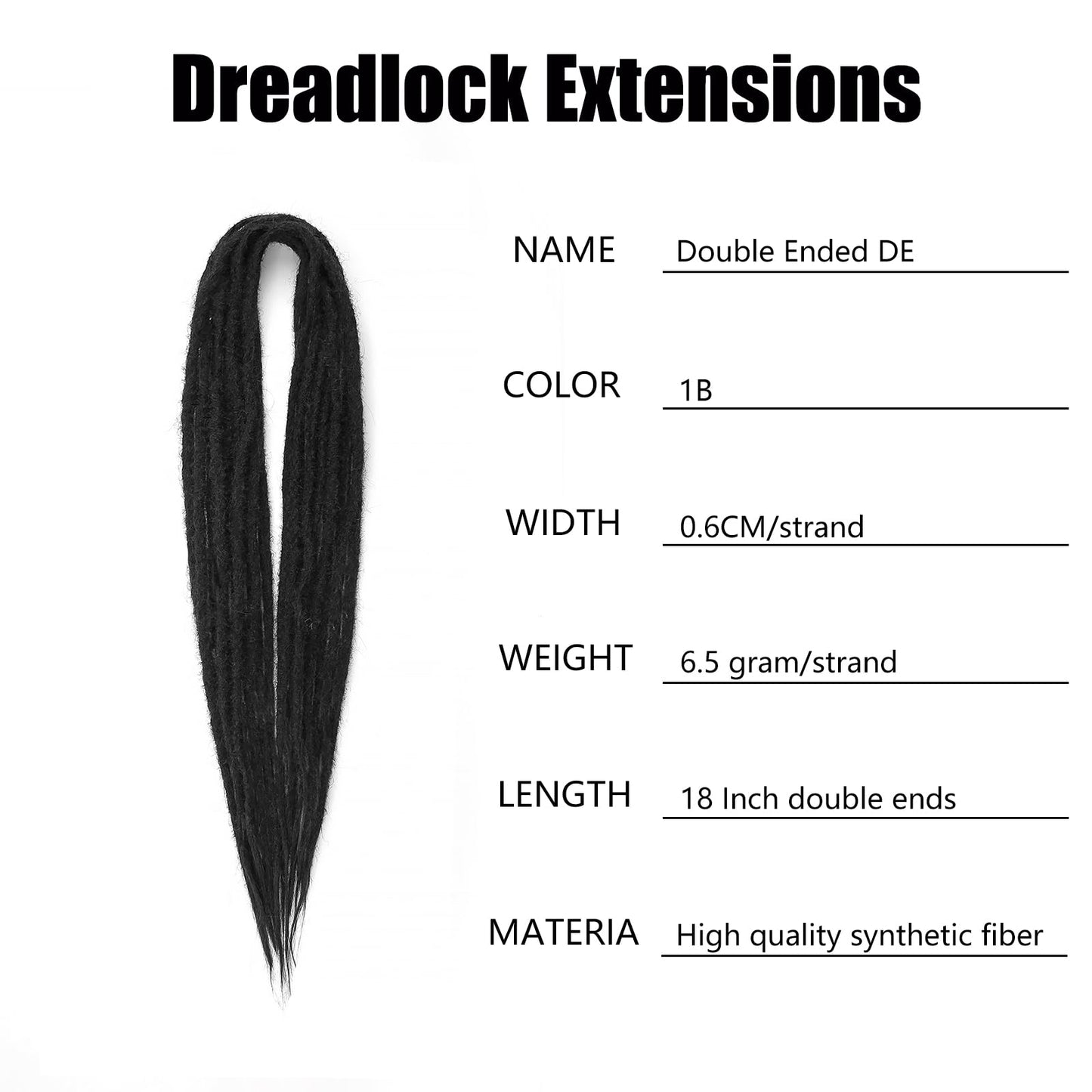 18 Inch Synthetic Double Dreadlock Extensions Reggae Hip-hop Style Extensions for Rock&Roll Hippie Dread Braids Hair (18"strands of 20, 1B#)