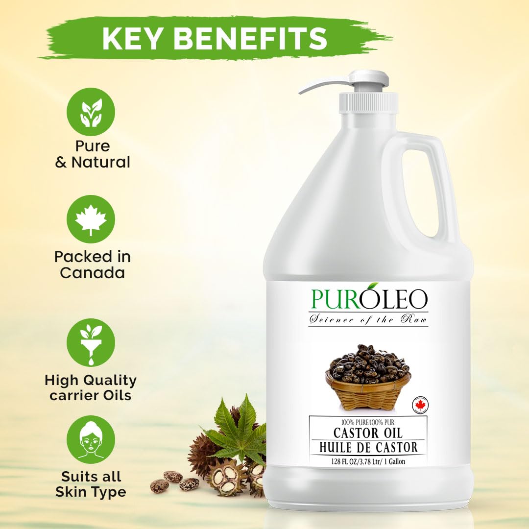 PUROLEO Castor Oil 128 Fl Oz/3784 ML (Made in Canada) Hair, Lash, Beard, Eyelashes & Eyebrow Oil Jamaican Black castor oil for thicker brow longer lashes, Make eyelash serum, hair serum for dry hair