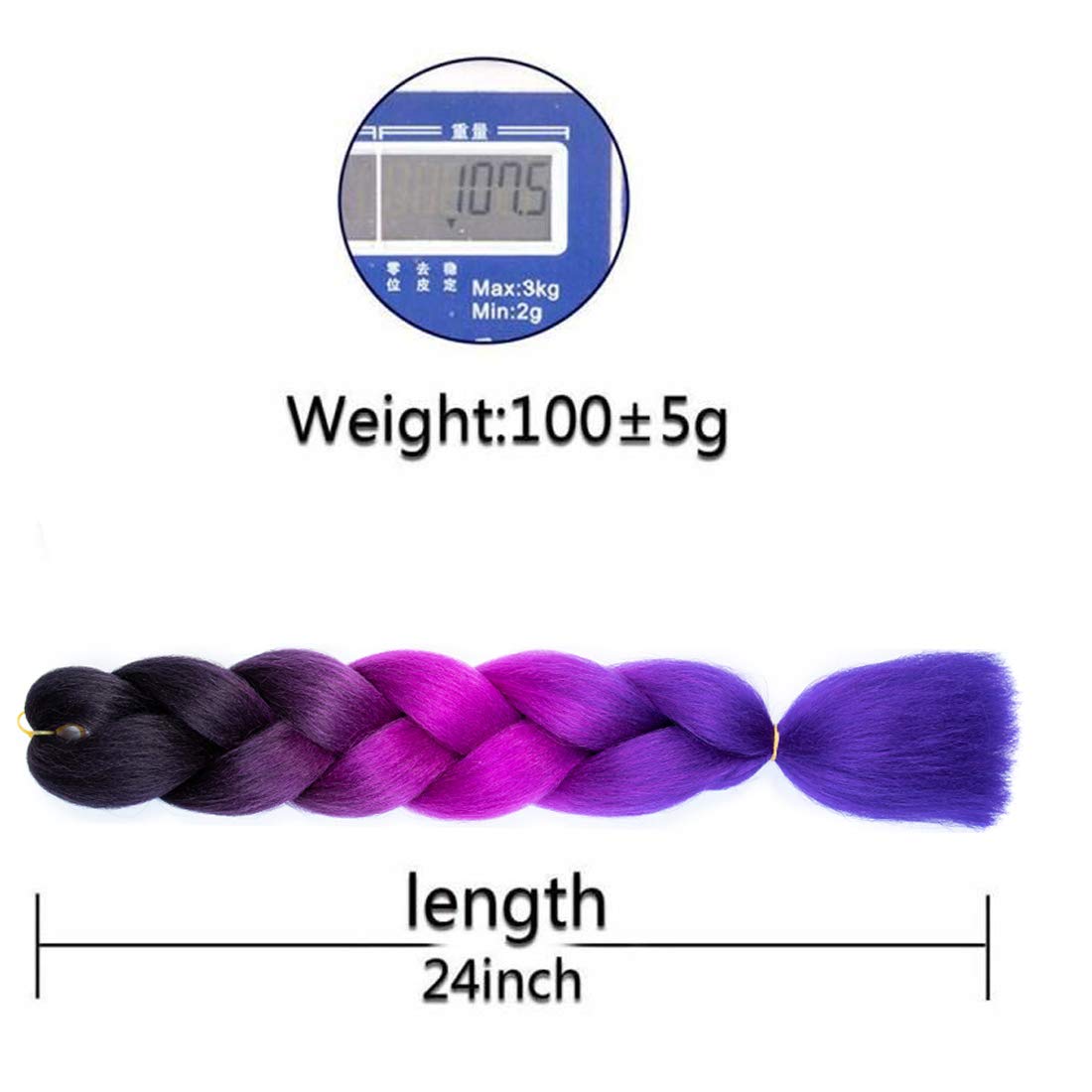 Xiaofeng Braiding Hair Extensions for Women 3 Packs 100g/Pack 24Inch High Temperature Ombre Jumbo Synthetic Braiding Hair for Twist Crochet Braids (24 Inch (Pack of 3), black-purple red-blue-3Pcs)
