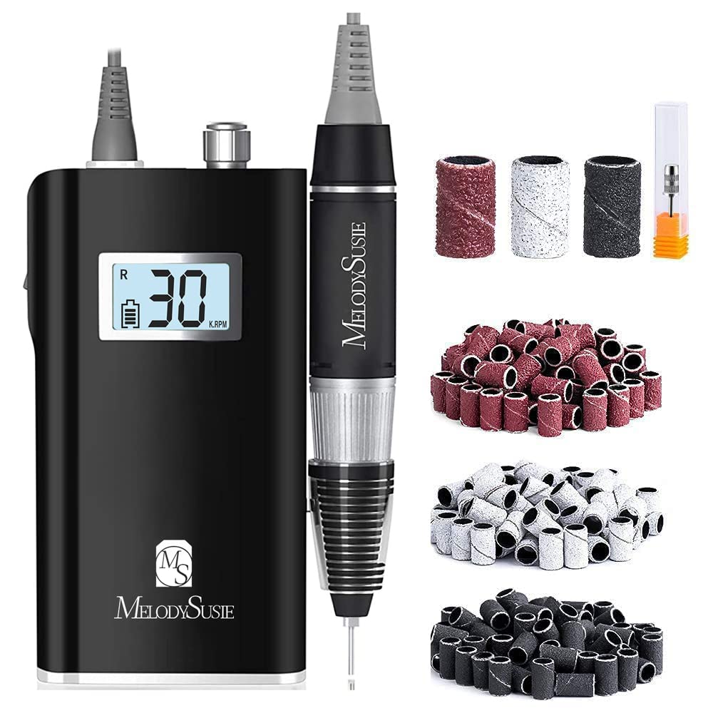 MelodySusie Professional Rechargeable 30000 RPM Nail Drill, Portable E-File with Long Life Battery, Electric Tool for Acrylic Nail Natural Polygel, High Speed, Low Heat with 300Pcs Sanding Bands