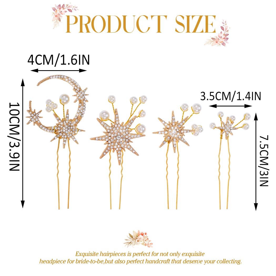 BARTOSI Gold Moon Star Hair Pins Rhinestone Bridal Hair Clips Pearl Bride Wedding Hair Accessories for Women and Girls (Pack of 4) (Gold)
