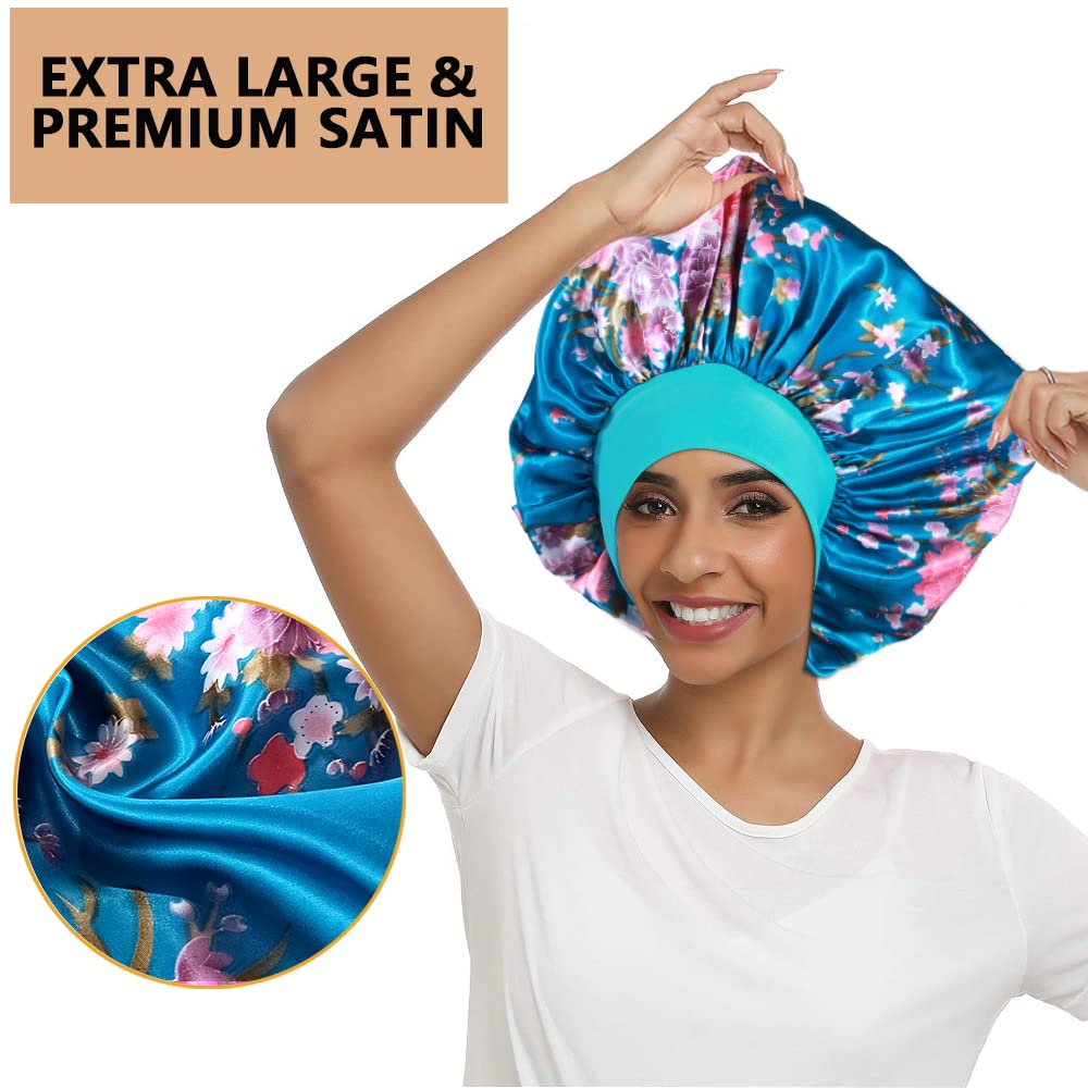 3PCS Extra Large Satin Bonnets for Sleeping, Hair Bonnets for Black Women Braids Curly Hair, D