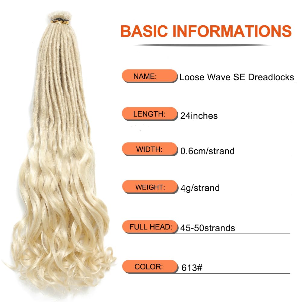 Ajsowju Loose Wave Dreadlocks Synthetic French Curly SE Dreadlock Extensions 24inches 10 Strands Thin Soft Spanish Curly SE Dreadlock Extensions for Women (10 Strands, 613#)