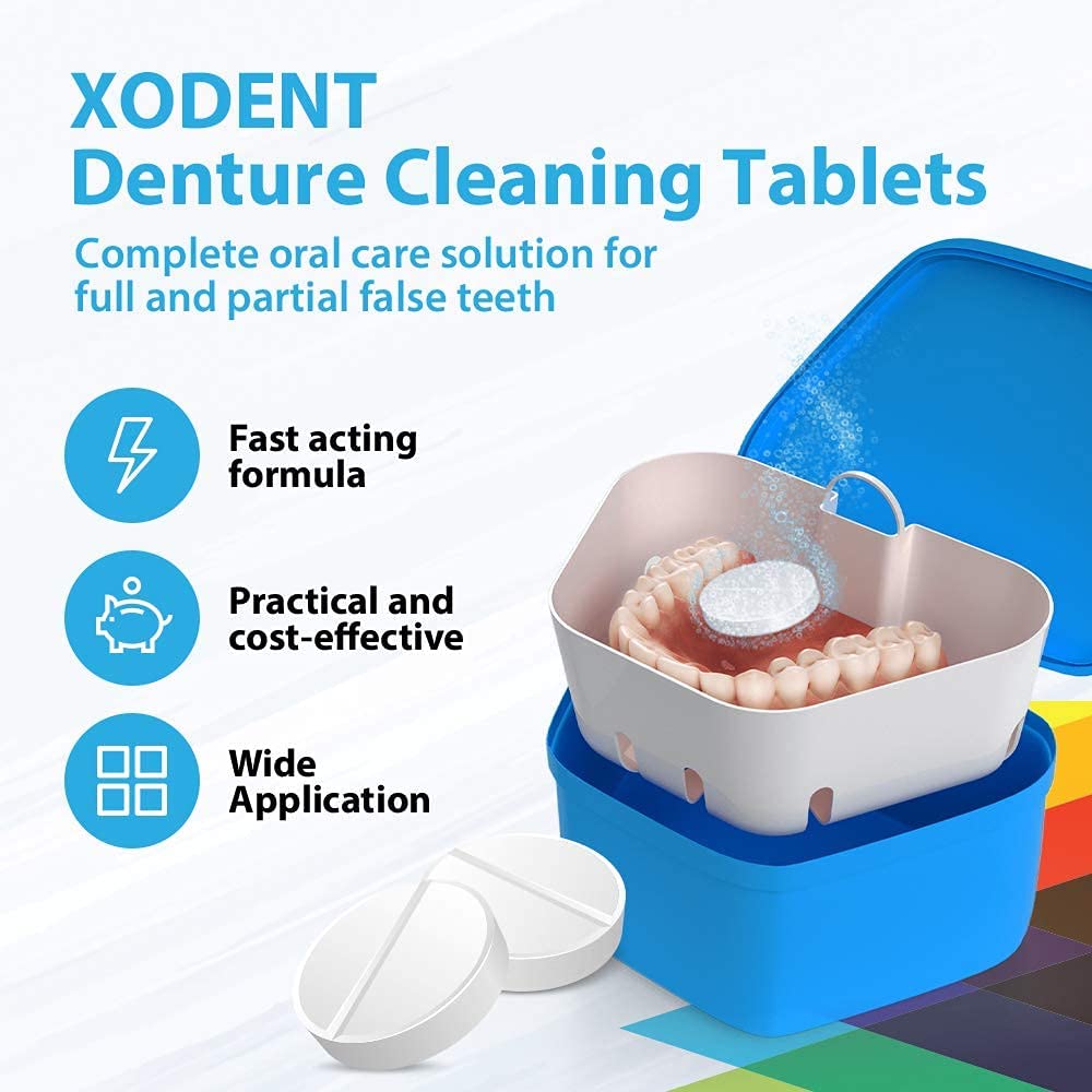 XODENT PREMIUM Denture Cleaning Kit | 2x Denture Cleansing Baths | 2x Strainer Baskets | 2x Soft-Bristle Brushes | 390x Denture Cleaning Tablets | Denture Cleaners