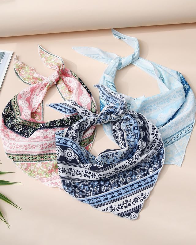 AWAYTR 3Pcs Hair Bandanas Head Kerchief for Women Girls Tie-Back Boho Hair Scarf Headband Bandana Triangle Head Scarf (Stripe Print - Pink/Light Blue/Navy Blue)